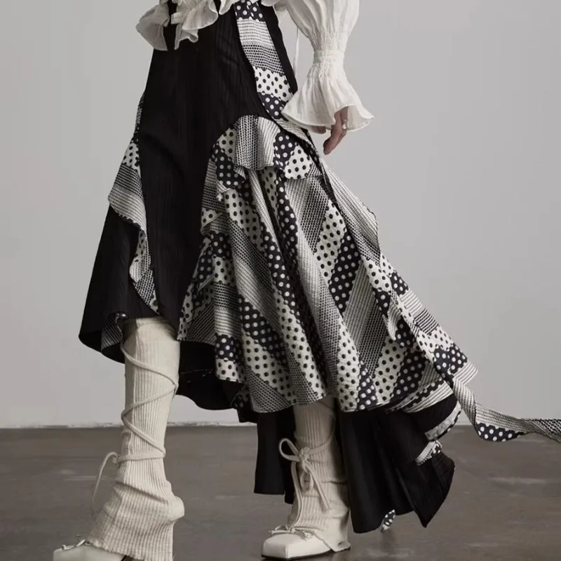 

Асимметричная модная черно-белая юбка в горошек с оборками, повседневная длинная юбка средней длины, лето 2026
