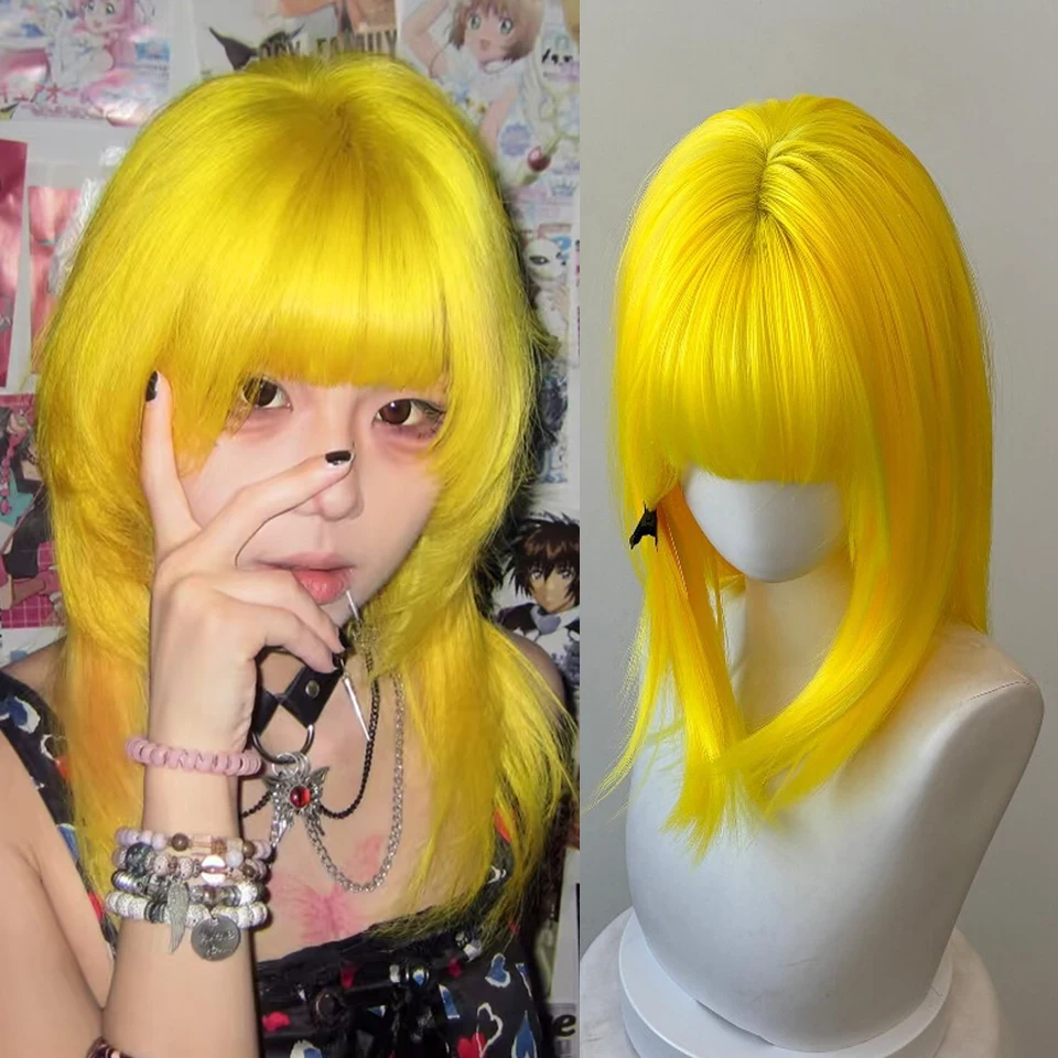 Short Straight Yellow Bob Wig For Women Layered Wigs Synthetic Cosplay Party Daily Natural Wig with Bangs Heat Resistant Hair