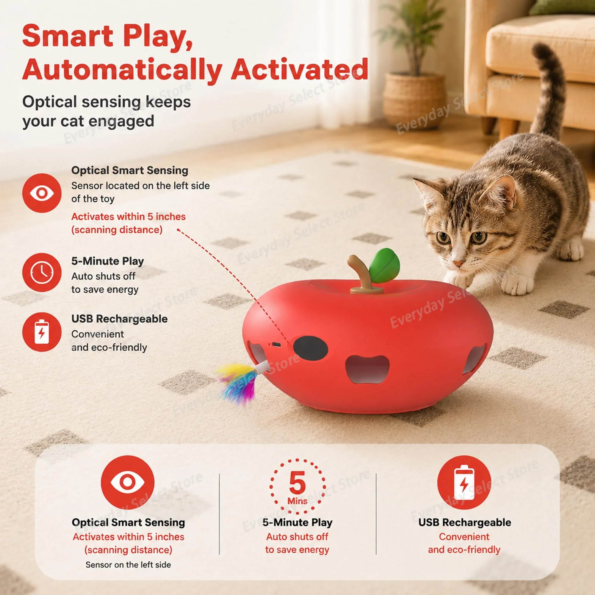 Cat Toys, Auto Interactive Kitten Plaything, Apple‑Shaped, Infrared Sensor USB Charging, Indoor Sport Play Toy