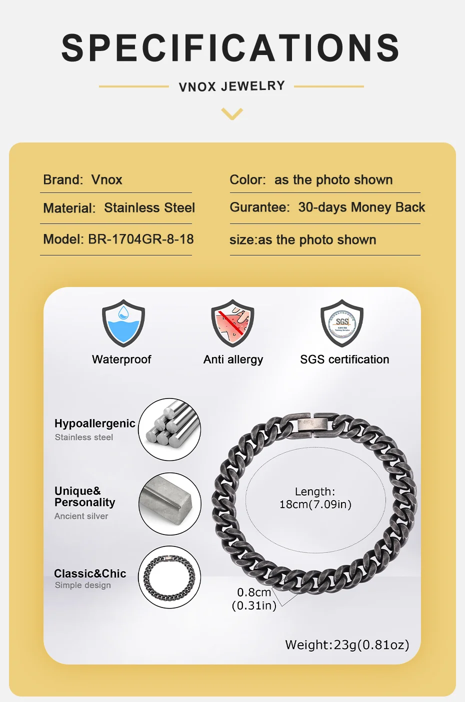 Vnox Herren Edelstahl Cuban Link Armband, Schwarz Gold Silber Grau Farbe Punk Kette Armband, Hip Hop Biker Schmuck Geschenk – Detail 4