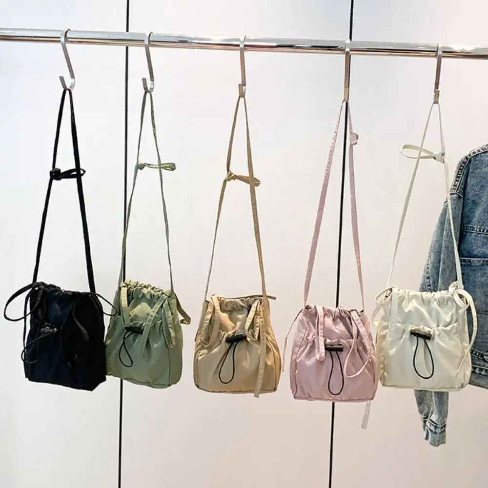Fashionable Korean Style Drawstring Canvas Bag Purse Solid Color Nylon Shoulder Bag Crossbody Bag Wallet Mobile Phone Bag Women