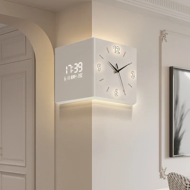 

Угловые часы для гостиной, вечный календарь, новые электронные современные простые двусторонние настенные часы, креативные угловые настенные часы