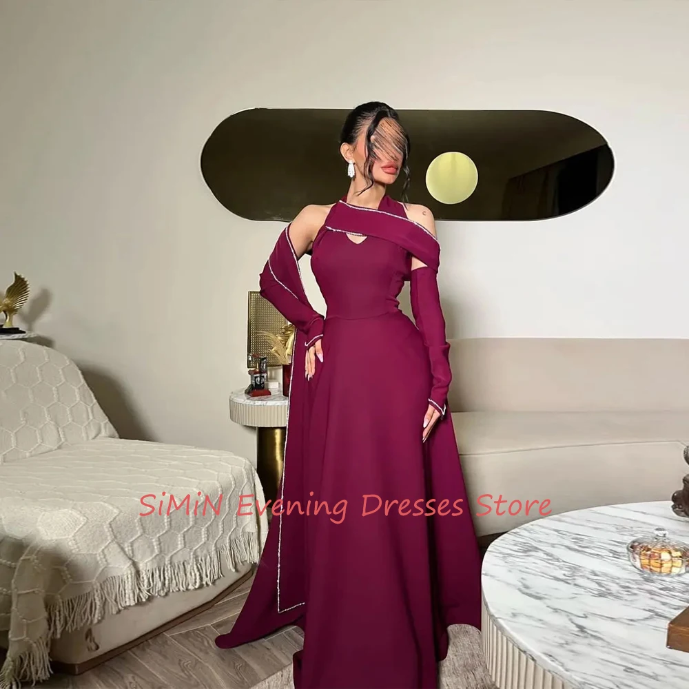 

Simin Saudi Halter Satin A-Line Simple Backless Beaded Long-Sleeves Floor-Length Arab Evening Party dresses for women 2024