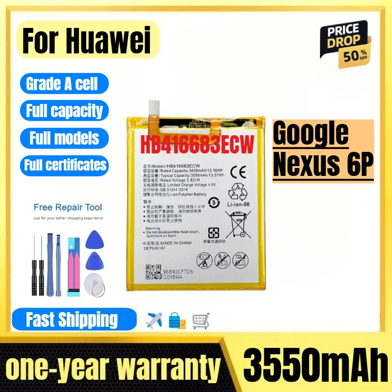

HB416683ECW for Huawei Google Nexus 6P Phone Batteries High Quality High Capacity Replacement Bateria Grade A Cell with Tools