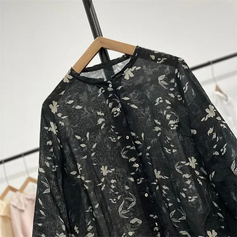Chemisier en lin à imprimé floral rétro pour femmes, chemise élégante à simple boutonnage, col rond, manches 3/4, niche ary