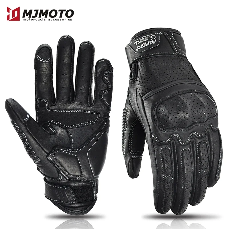 

MJMOTO Vintage Leather Motorcycle Gloves Men CE Certification Motorbike Riding Touch Screen Motocross Moto Racing Biker Gloves