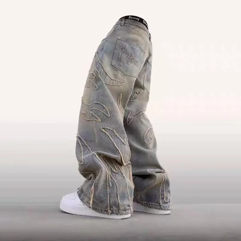 الخريف الكورية الرجعية الرجال الجينز مع الخفافيش نمط التطريز فضفاض الجينز الشارع موضة عادية مستقيم الساق السراويل #6