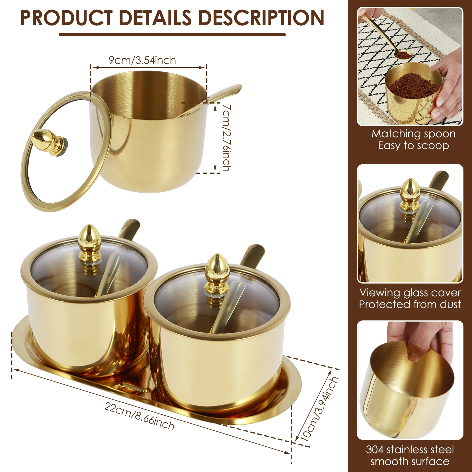 1/2Pcs Stainless Steel Sugar Bowl Set with Glass Lid and Spoon Rustproof Seasoning Box Round Condiment Pots Polished Shiny Sugar