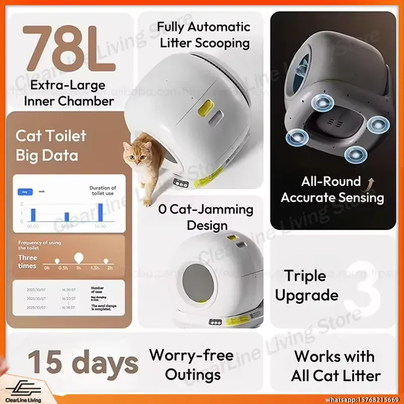 Automatic Cat Litter Box 80L UV Sterilization Self Cleaning Smart Toilet for Cats Tuya App Control Hands Free Quiet Compact