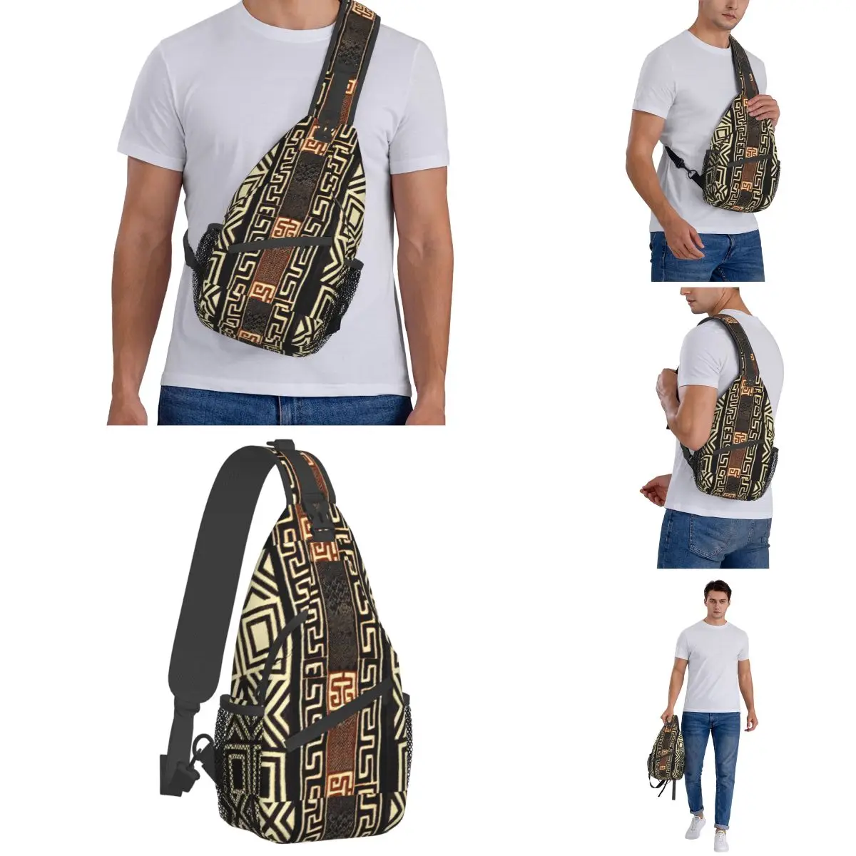 African Tribal Crossbody Sling Bag Men Women Chest Bag Retro Boho Stripes Shoulder Backpack Daypack for Hiking Travel Cycling