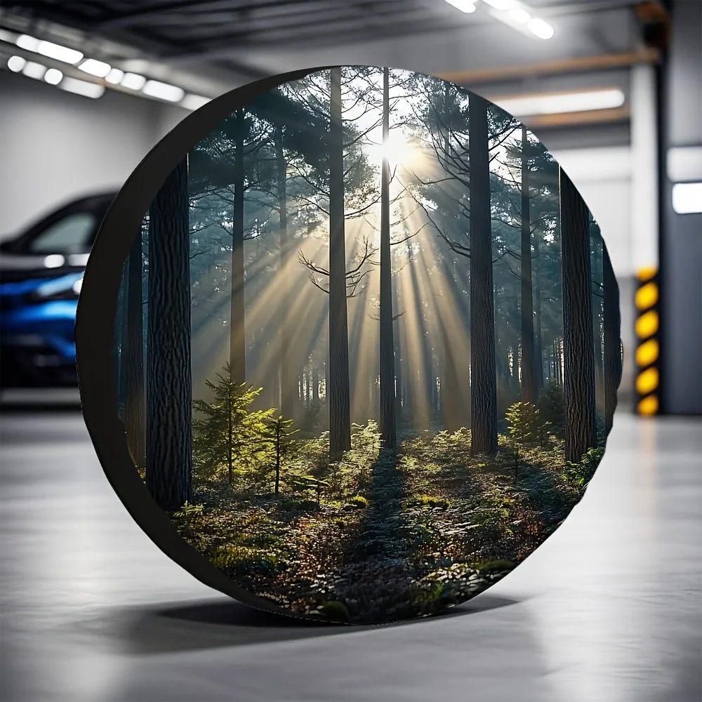 1pc Waterproof Forest Sunshine Spare Tire Cover - Durable Polyester Fabric, Fit For Trucks & Trailers, Forest Scene Design With