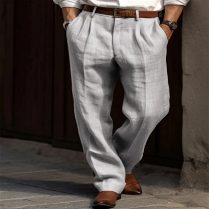 Pantaloni di lino larghi vintage tinta unita per uomo primavera estate nuovi pantaloni dritti casual pantaloni traspiranti pieghettati moda uomo