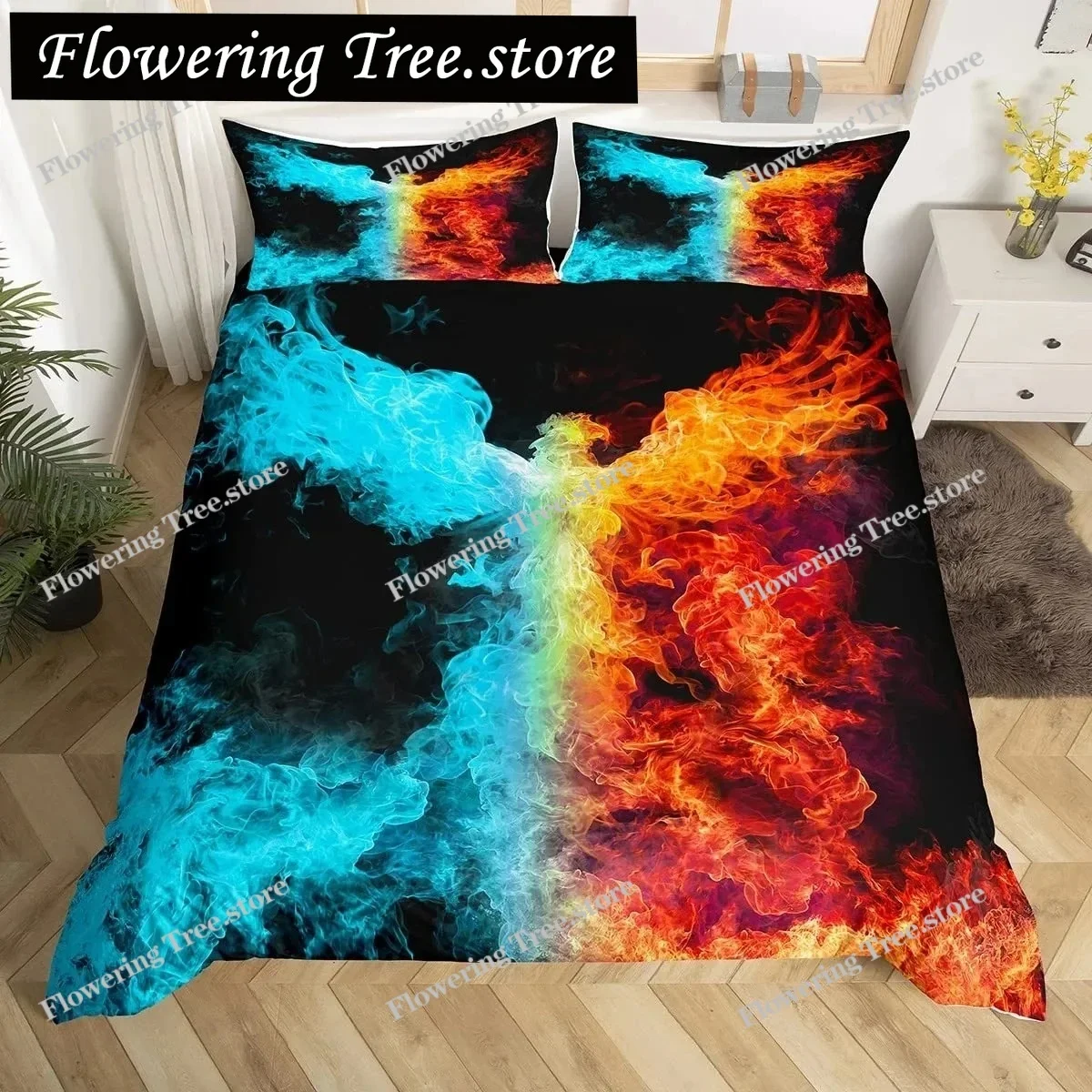 

Dragon and Phoenix Duvet Cover Set Full Queen Size, Fantasy World Monster Gothic Bedding Sets Bohemian Mandala Comforter Cover