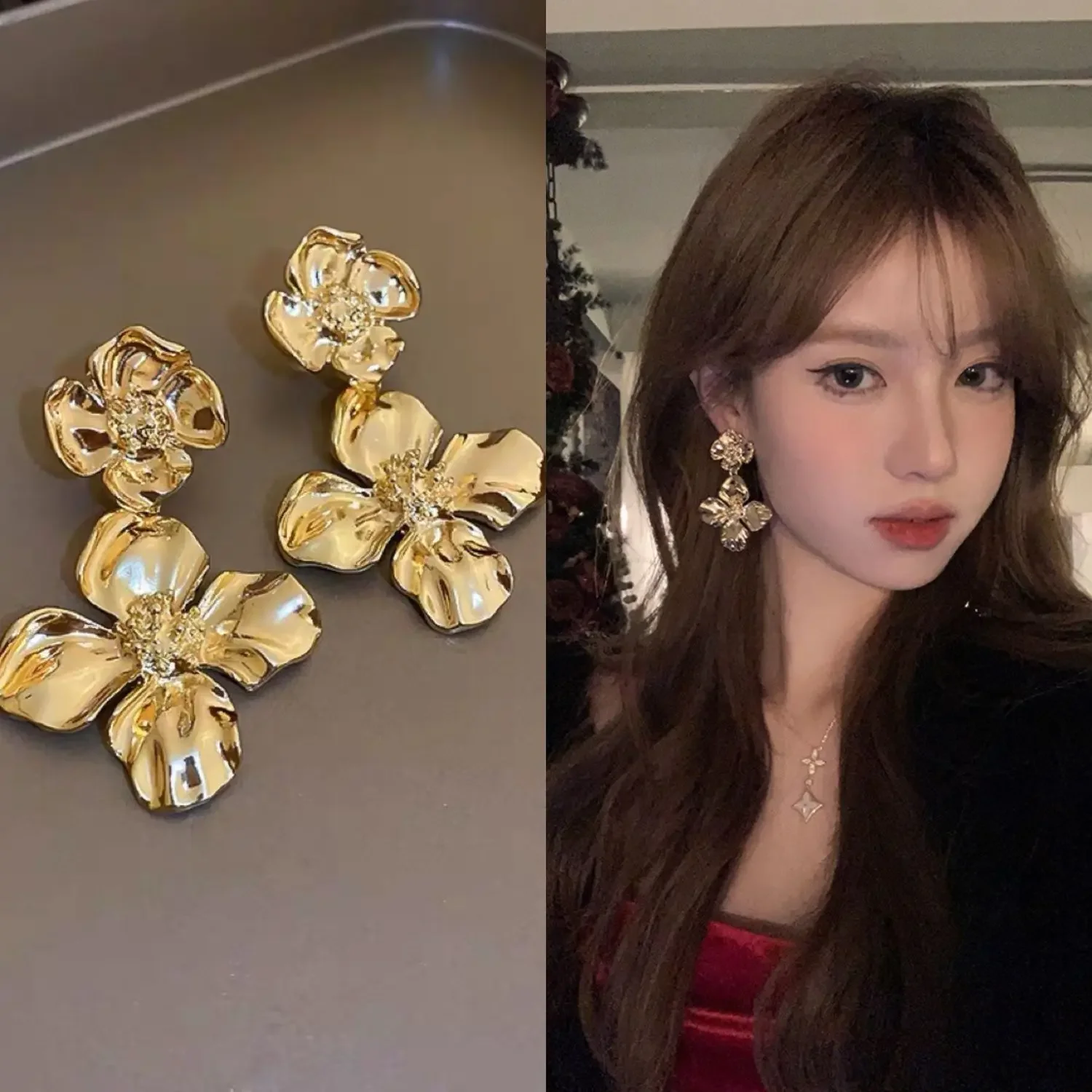 

Women'S Floral Drop Earrings, Elegant Vintage Design, Wedding Guest Accessory, High-End Metal Flower Earrings