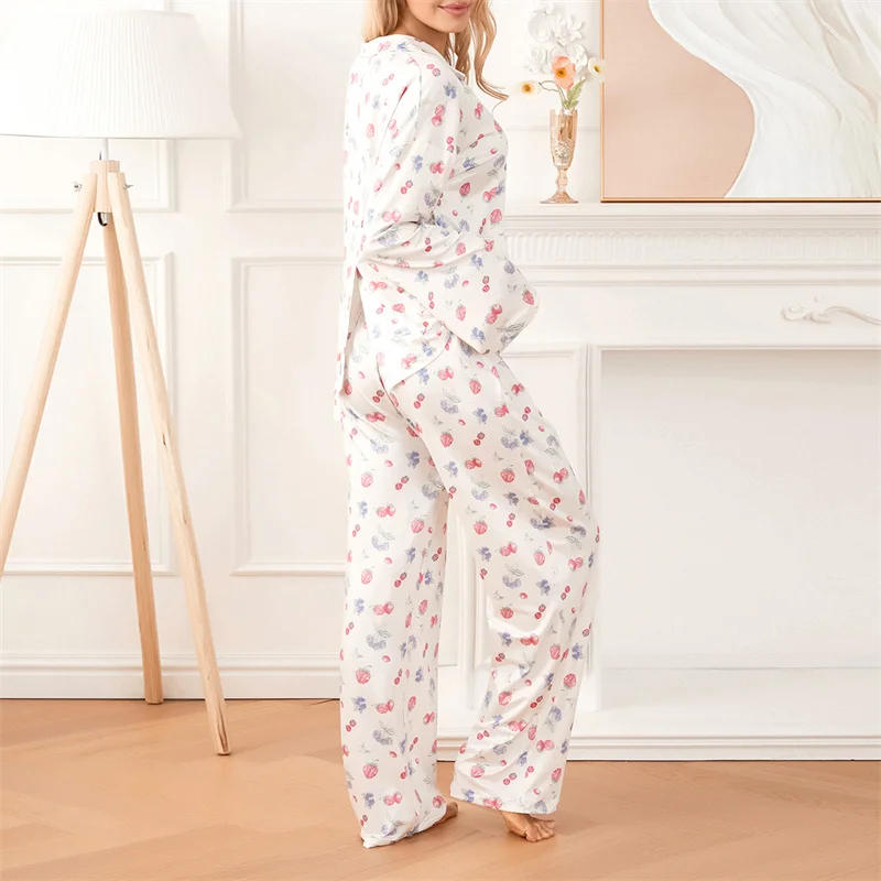 Women Sleepwear Loungewear Loose 2 Pieces Print Sweet Long Sleeve Lapel Neck Shirt Tops and Elastic Waist Pants Pajamas Set