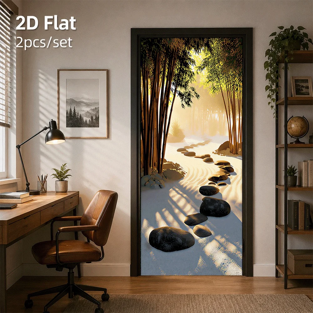 1 peaceful Japanese bamboo forest courtyard door sticker with natural Zen stone path, sunlight and shadow 2D plan