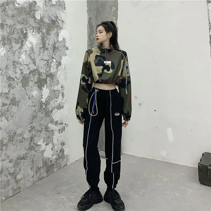 Hikigawa Chic Fashion Women Harajuku All Match Camouflage Pullover Sweatshirts Streetwear Casual Y2k Outerwear Crop Tops Mujer