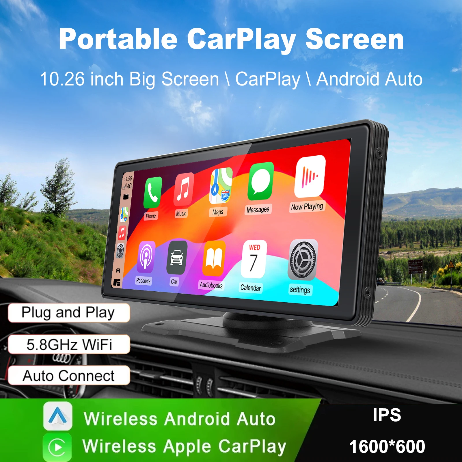 

10.26 Inch Touch Screen Portable Wireless Apple CarPlay Android Auto Mirror Link IPS 1600*600 HD Display Portable for Car Radio