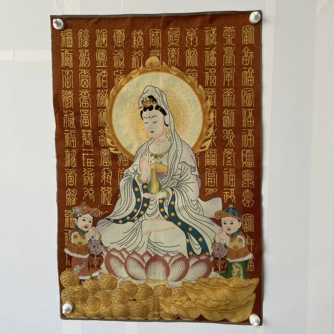 

Vintage Pure Bottle Sitting Lotus Guanyin Tangka Embroidery Decoration Hanging Picture