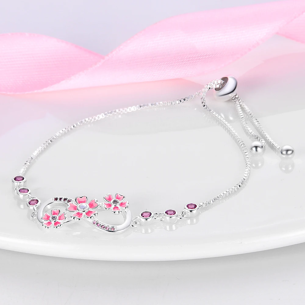 실버 도금 925 오리지널 컬러풀 행운의 상징 핑크 꽃 팔찌 참 장식 브랜드 925 실버 참 비즈 여성용 주얼리 선물
