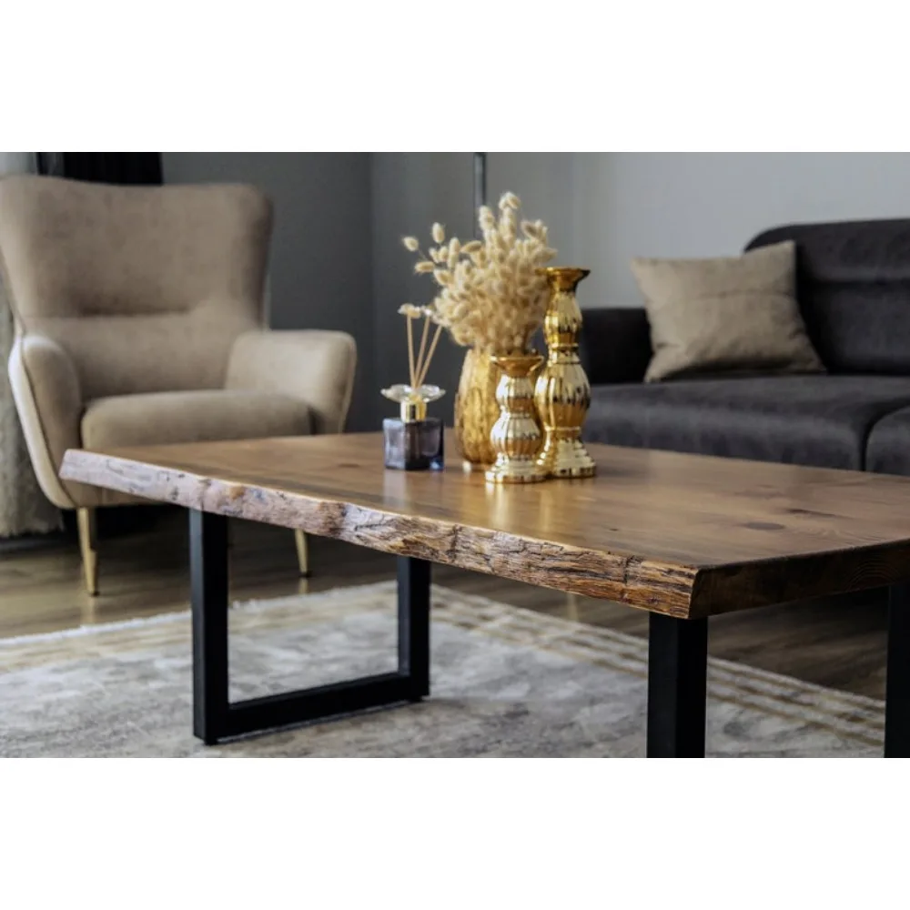 XMSJ mesa de madeira maciça com pernas em forma de U, Live Edge Coffee Table, Mesa de café moderna