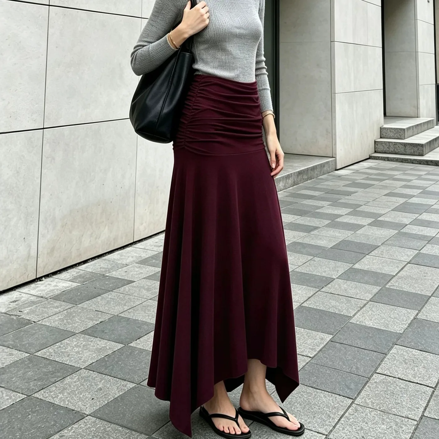 Flowy Silhouette Irregular Hem A-Line Skirt Daily Outfit Waist Ruched Knit Maxi Skirt Soft Knit Loose Fit High Waist Skirt