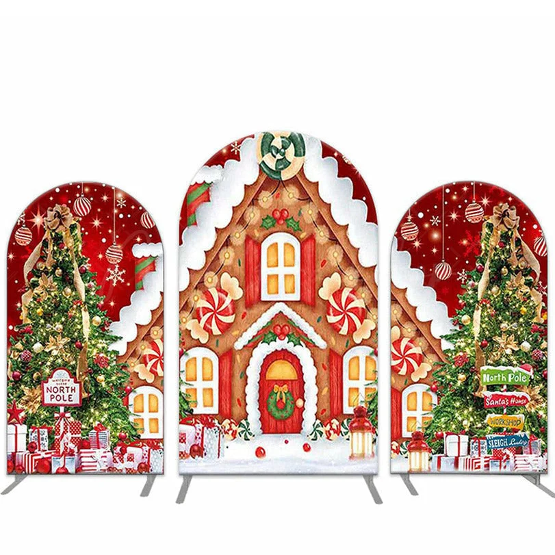 Sweet Snowy Gingerbread Candy House Trees Red Merry Christmas Arch Backdrop Kit Christmas Tree Background Candy Xmas Theme Party