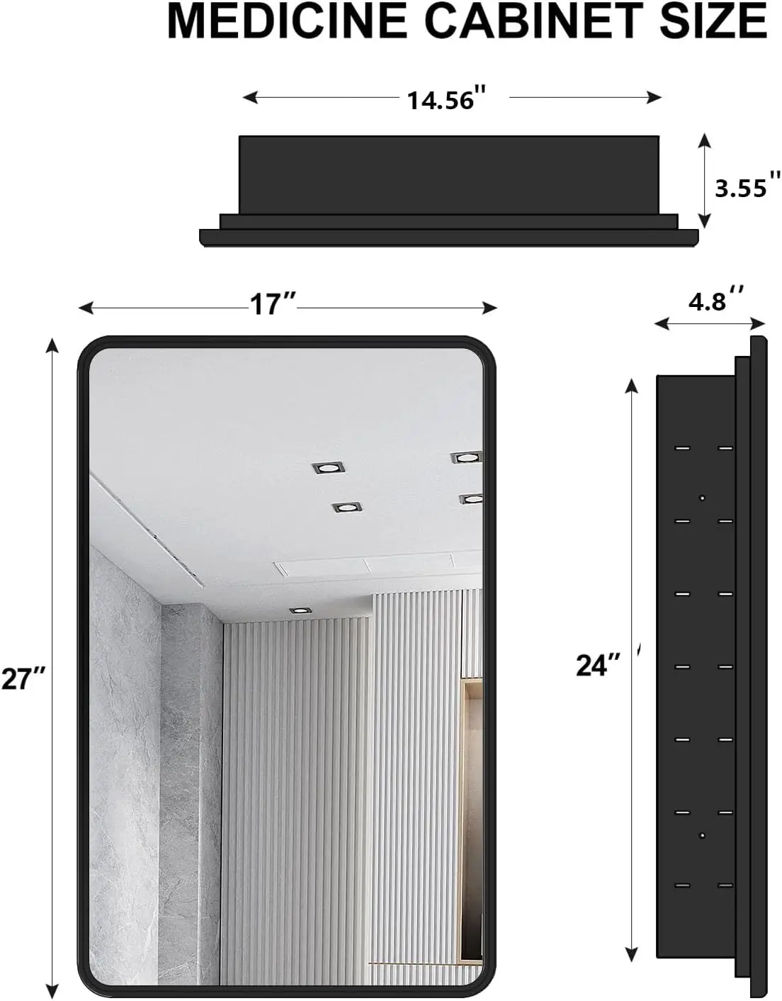 Modern Rectangle Bathroom Medicine Cabinet, Wall Mounted Or Recessed Mirror Storage Cupboard Featuring Single Door And Adjustable Shelves For Cosmetics Toiletries Restroom, Black view 2