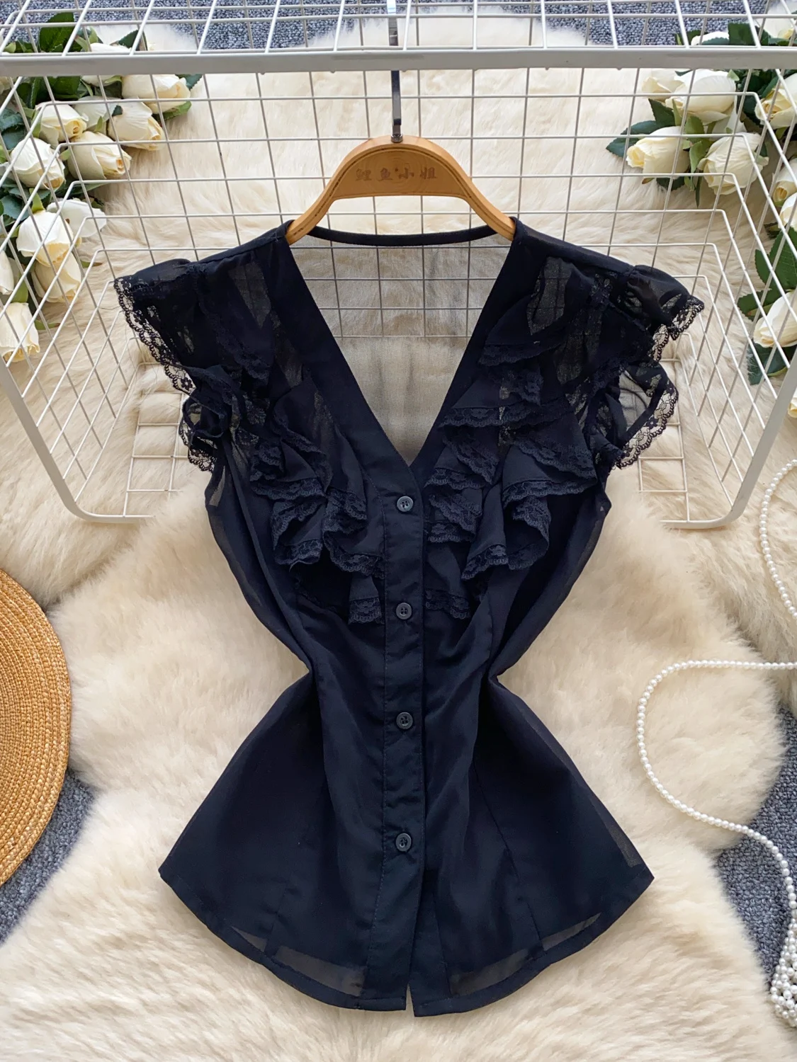 

Ele Lace Trim Blouse Women's Summer Design Sense V-ne Svel Floral Chiffon Top Korean Sle Loose Fit Commute Wear