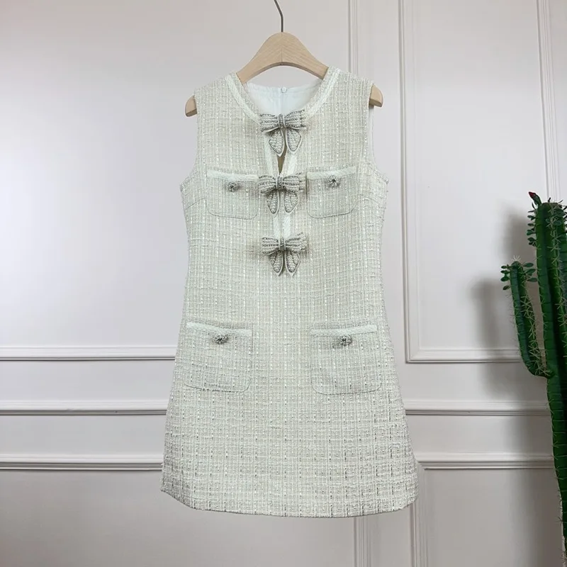 

Spring Summer New Small Fragrant Bow Sweet Vest Dress Women French Fashion Pink Tweed Luxury Party Sleeveless Lady Dresses