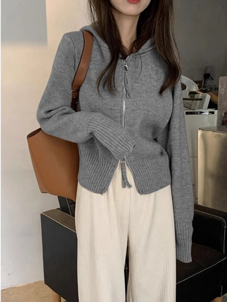 Gray Woolen Hoodie Women's Loose Open Cardigan Short Knitted Sweater Fashionable Versatile Korean Style Commute Wind Zipper D...
