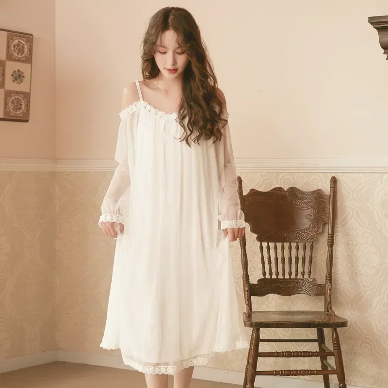 Spring Fairy Mesh Long Lace Peignoir Women Sexy Off Shoulder Sleep Night Dress Romantic Nightgown Sleepwear Victorian Nightdress