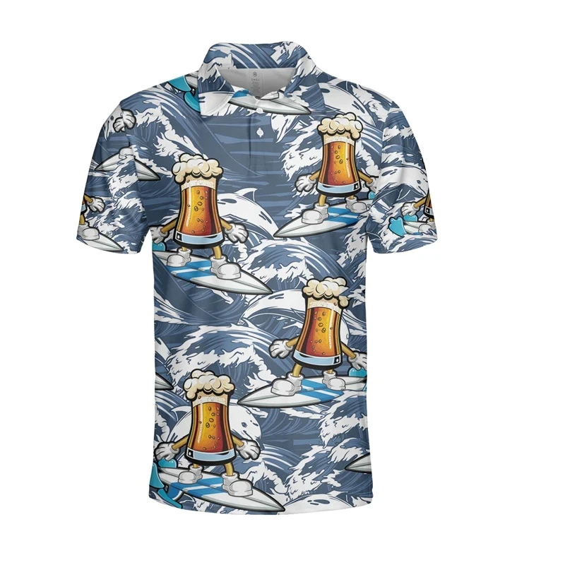 Beer Cheers! 3d Print Short Sleeve Polo Shirts For Men Clothes Hawaiian Button Polo Shirt Casual Streetwear Tops Men\'s Fashion