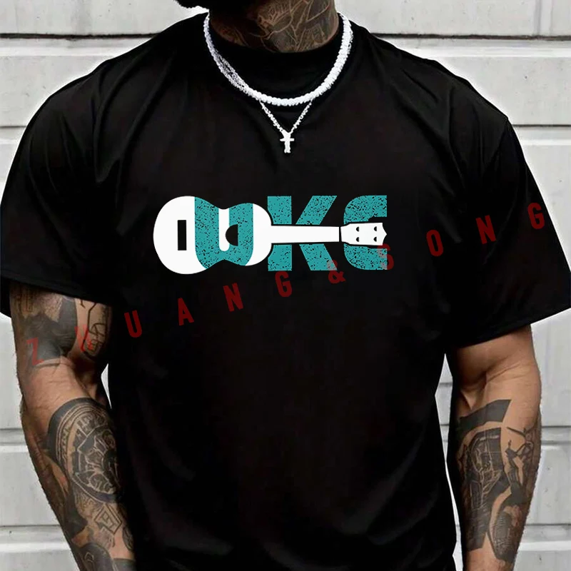 

Funny Ukulele Graphic Print T-Shirt Men Hip Hop Streetwear Unisex Casual Fashionable Short Sleeve Tops