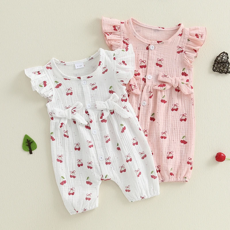 

Summer Infant Baby Girls Romper Cherry Print Round Neck Fly Sleeve Bow Decor Newborn Rompers Jumpsuit Casual Baby Clothing