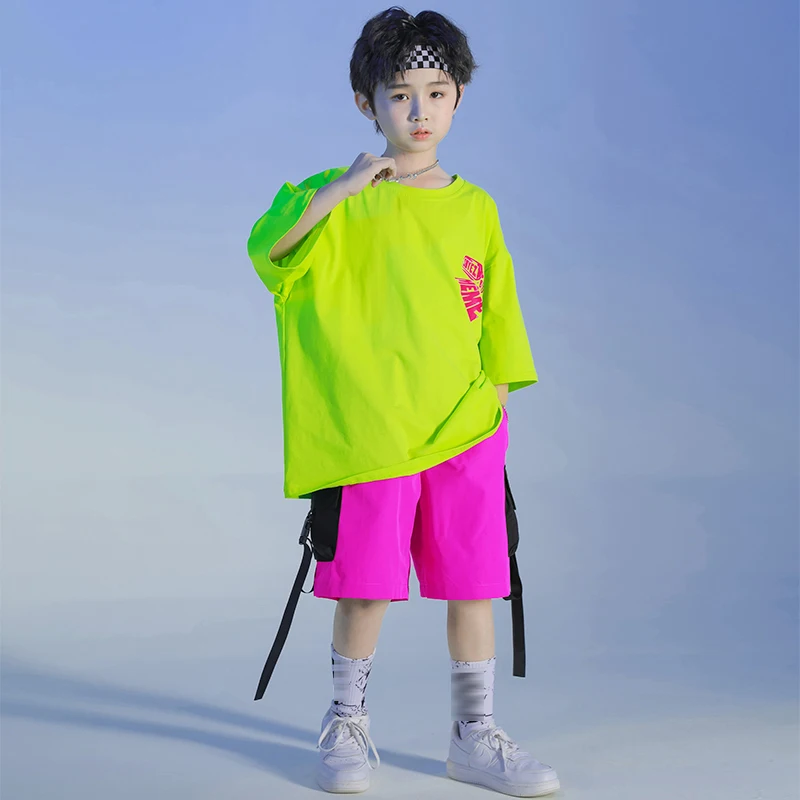 Street Dancewear Girls Jazz Practice Performance Costume Kid Hip Hop Dance Clothes Boys Green T-Shirt Loose Summer Jogger