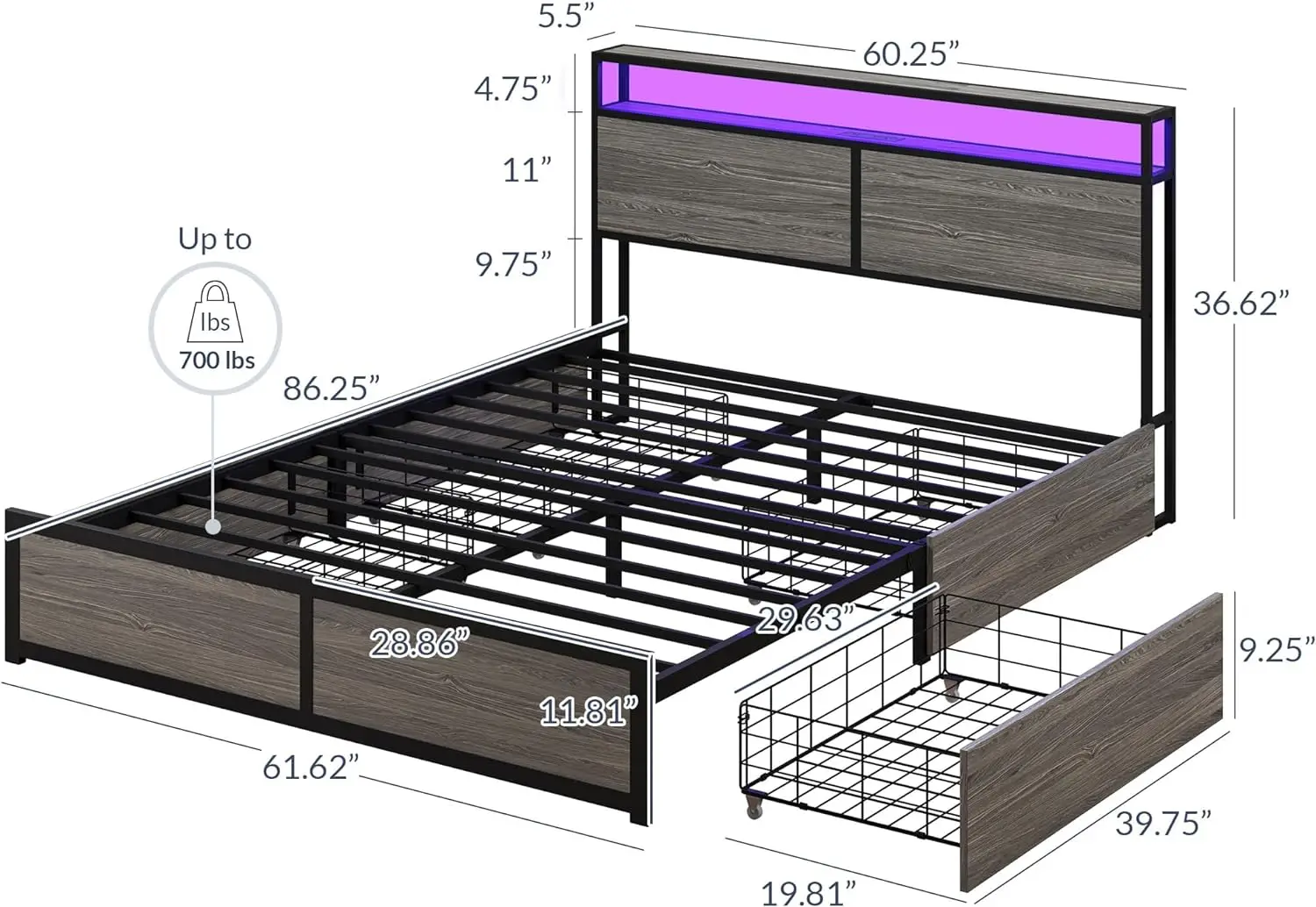 Belleze Queen Size Bed Frame With 2-Tier Storage Headboard And 4 Drawers Under Bed, Sturdy Metal Platform Remote Control Rgb