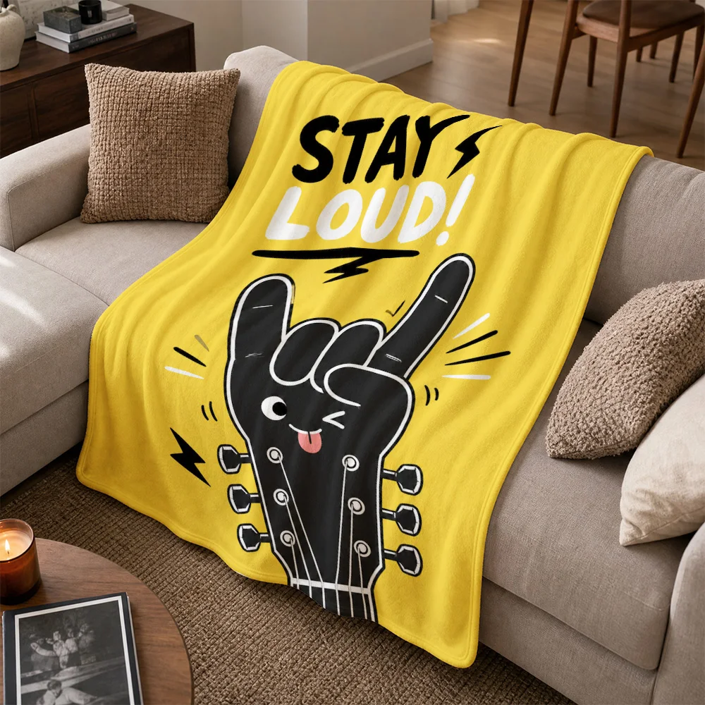 Yellow Stay Loud Rock On Throw Blanket for Sofa Couch Decor Music Lovers Gift Cute Fun Guitar Design Home Accent Decor