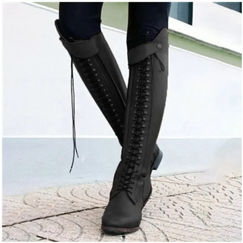 Women Retro Knee High Boots Lace-Up High Quality PU Platform Riding Boots Female Zip Low Square Heel Plus Size Footwears Ladies