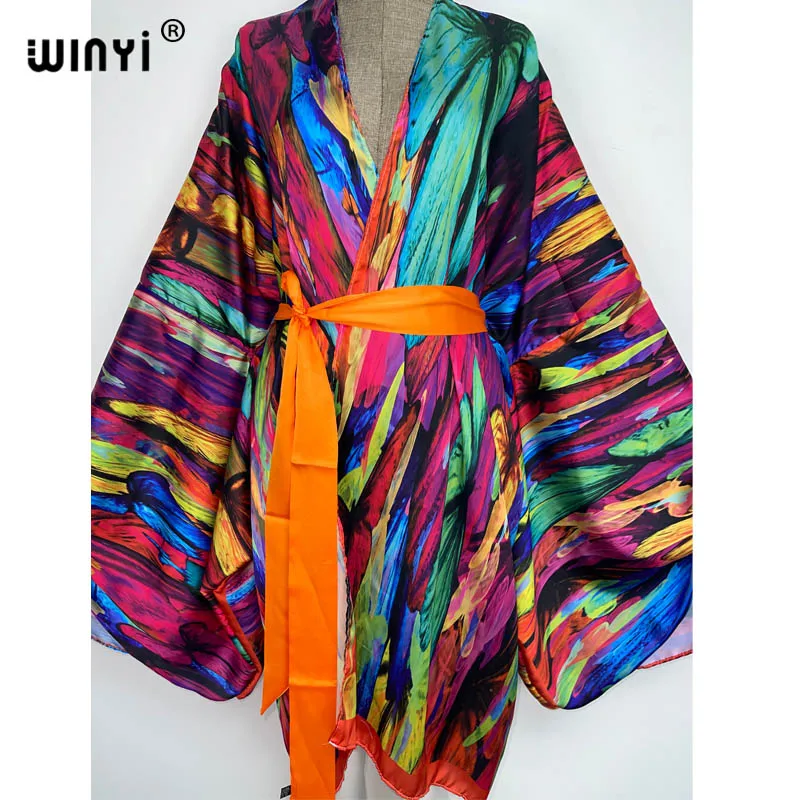 WINYI elegant beach Bikini Sweet Lady Boho colour Print Self Belted Front Open Long Kimono Beach Tunic Women Wrap Dresses kaftan