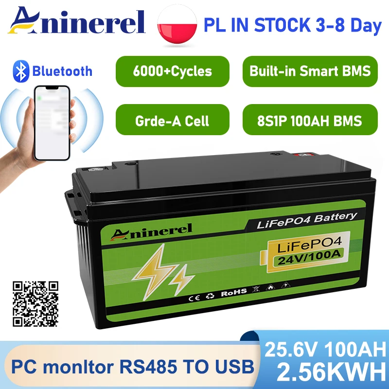24V LiFePO4-Batterie 100AH 12V 100AH Solar-Phosphatbatterie Tragbare wiederaufladbare Batterie mit integriertem BMS 100AH Zyklenstand 6000+
