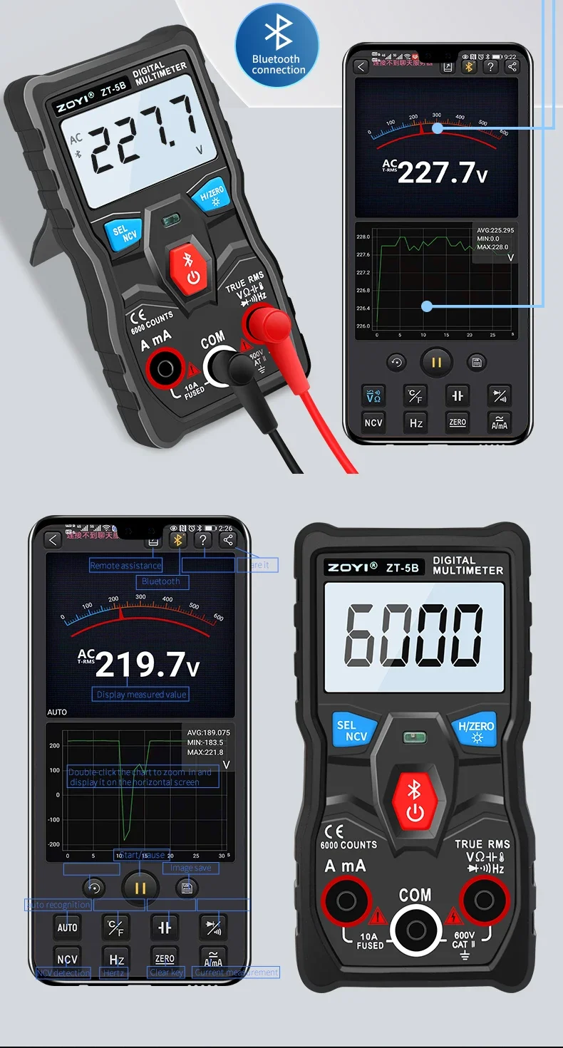 ZOYI 6000 Counts Voltmeter Volt Amp Ohm Hz NCV Diode Multimeters ZT-5B Wireless Digital Multimeter Auto-Ranging True RMS