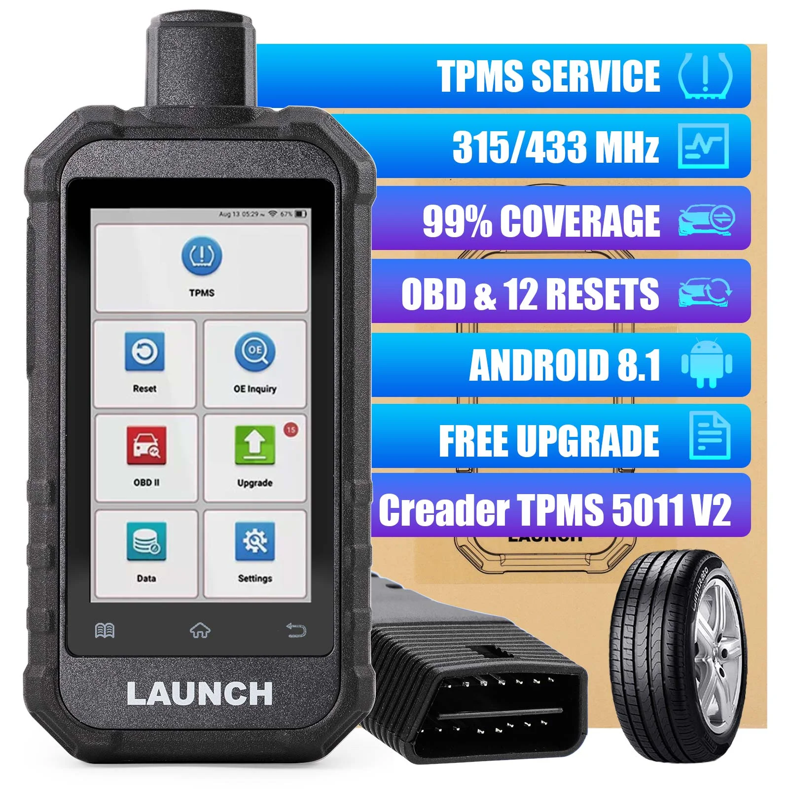 Launch Creader TPMS 5011 V2 Activate 315/433MHZ Tire Pressure Sensors Full OBD Functions & 12 Resets WIFI Upgrade Multi-Language