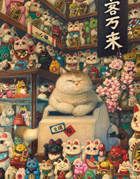 Jigsaw Puzzle 500/1000/1200/2000PCS Cute Fat Cat And Many Maneki Neko Figurines Cherry Blossom Oriental Puzzle Holiday Gift