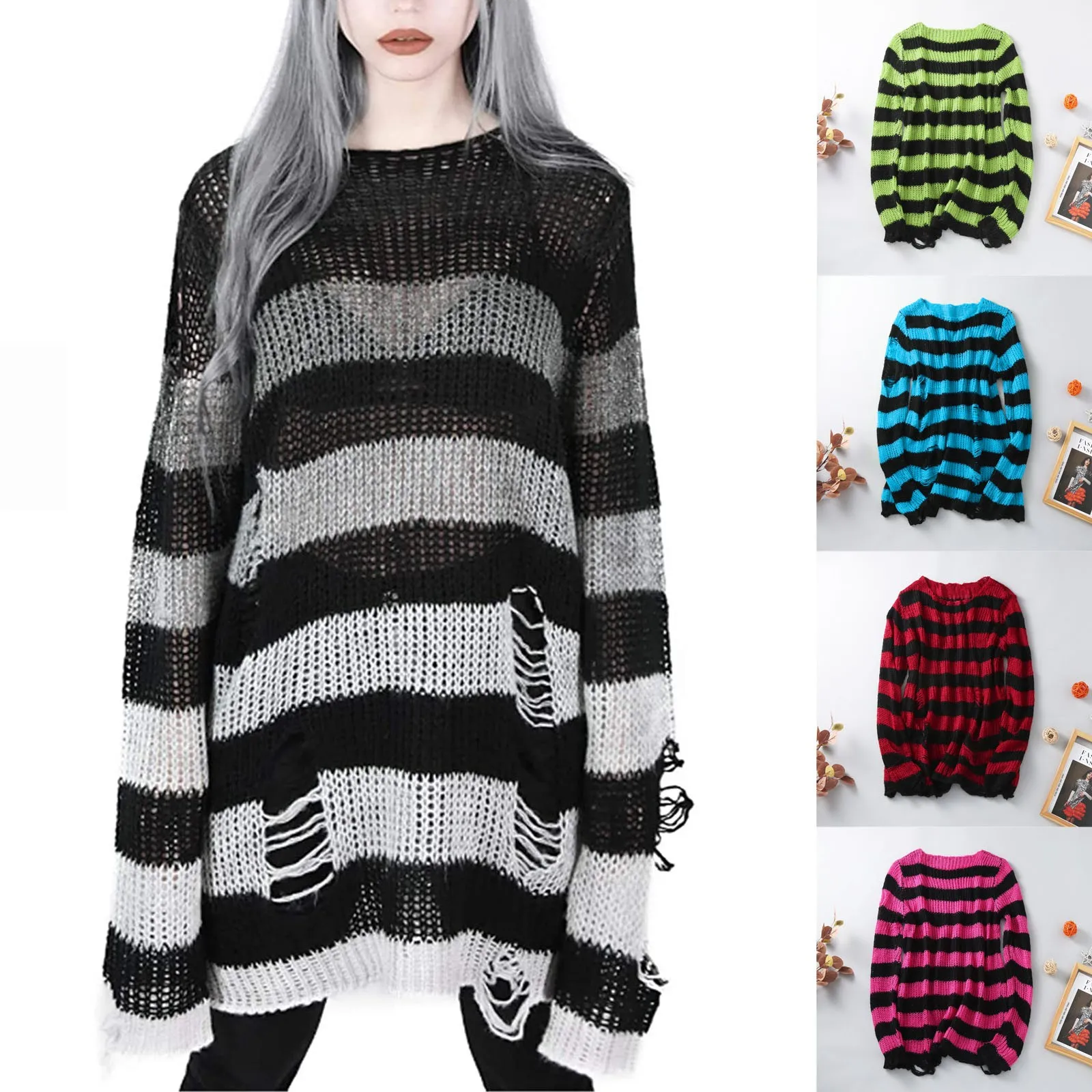 New Punk Gothic Long Women Sweater Fall Women Striped Hollow Out Hole Broken Jumper Loose Rock Thin Sweater Streetwear