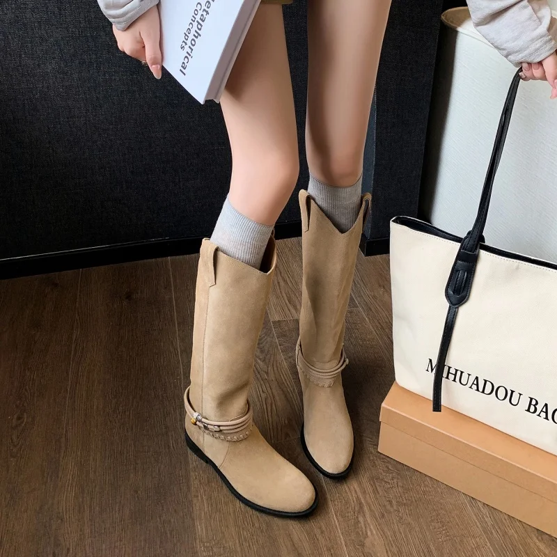 MKKHOU Fashion Knee High Boots Women's New High-Quality Suede Boots Round Headed Knight Boots Long Boots Women