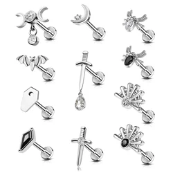 1pc Stainless Steel Rhinestone Lip Stud Crescent Pendant Cross Spider Fan Cartilage flat back Ear Stud Tragus Piercing Earrings