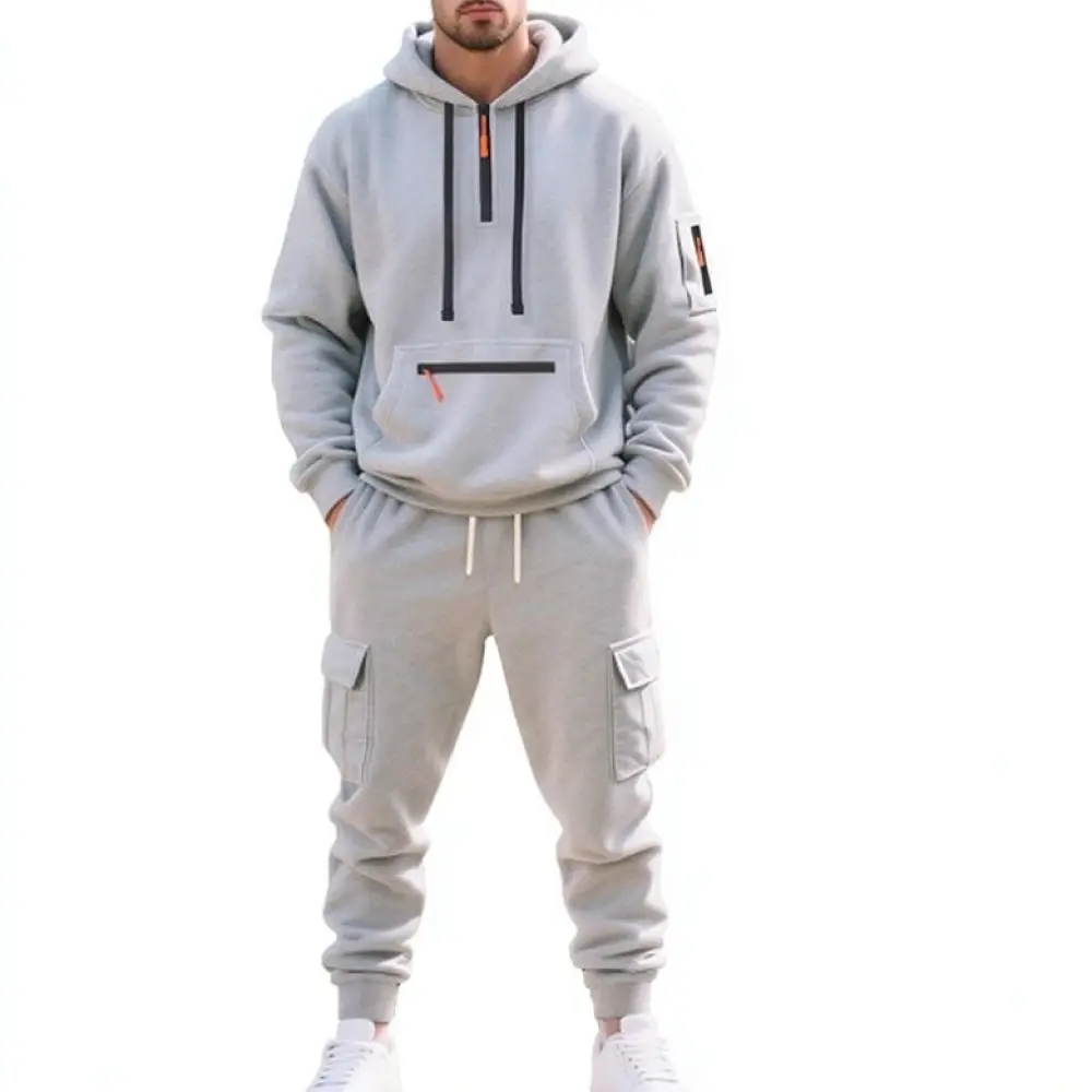 Mens Winter Warm Tracksuit Fleece Lined Hooded Sweatshirt Cargo Joggers Set Oversized Casual Sportswear Outdoor Training Suit
