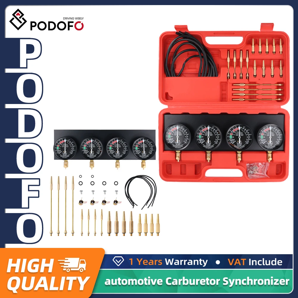 Podofo – Kit d'outils de synchronisation et d'ajustement de carburateur automobile avec manomètre à vide 4 cylindres pour diagnostic de calage, soupapes bloquées, fuites de collecteurs et mélange de carburant inadéquat