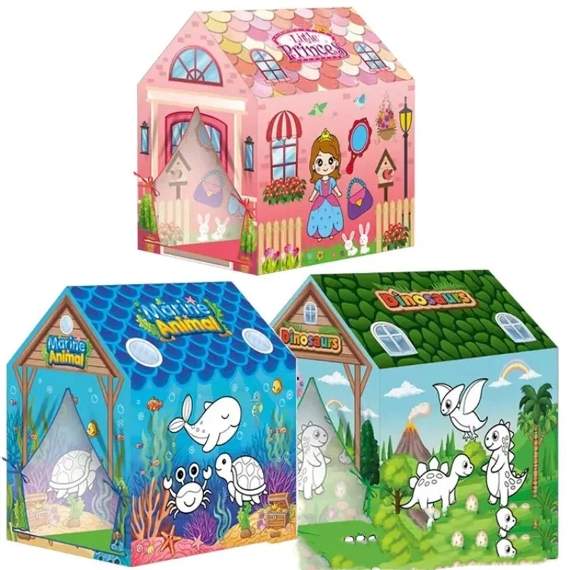 Tente pliante de peinture de dessin animé pour enfants, tente de jouet portable pour enfants, maison de jeu de princesse de dinosaure d'océan bricolage, tente intérieure et extérieure pour garçons et filles